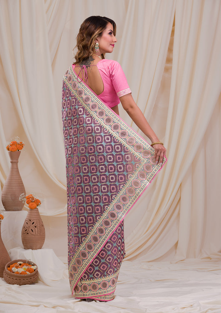 Purple Swarovski Chiffon Saree