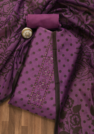 Purple Threadwork Chanderi Unstitched Salwar Suit-Koskii