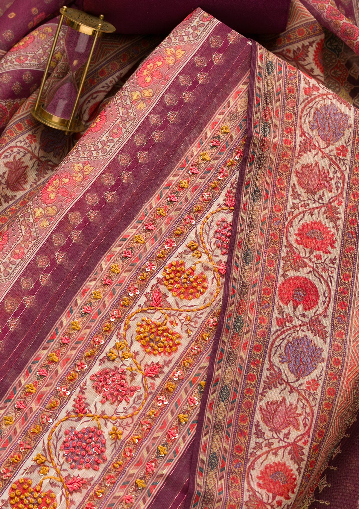 Purple Threadwork Chanderi Unstitched Salwar Suit