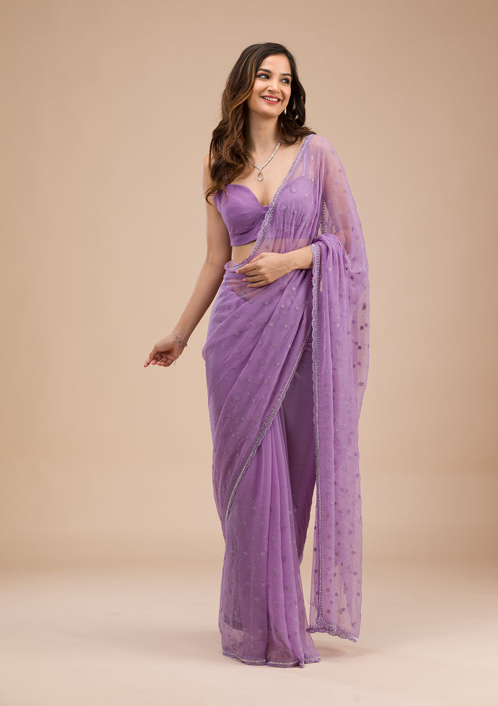Purple Threadwork Chiffon Saree
