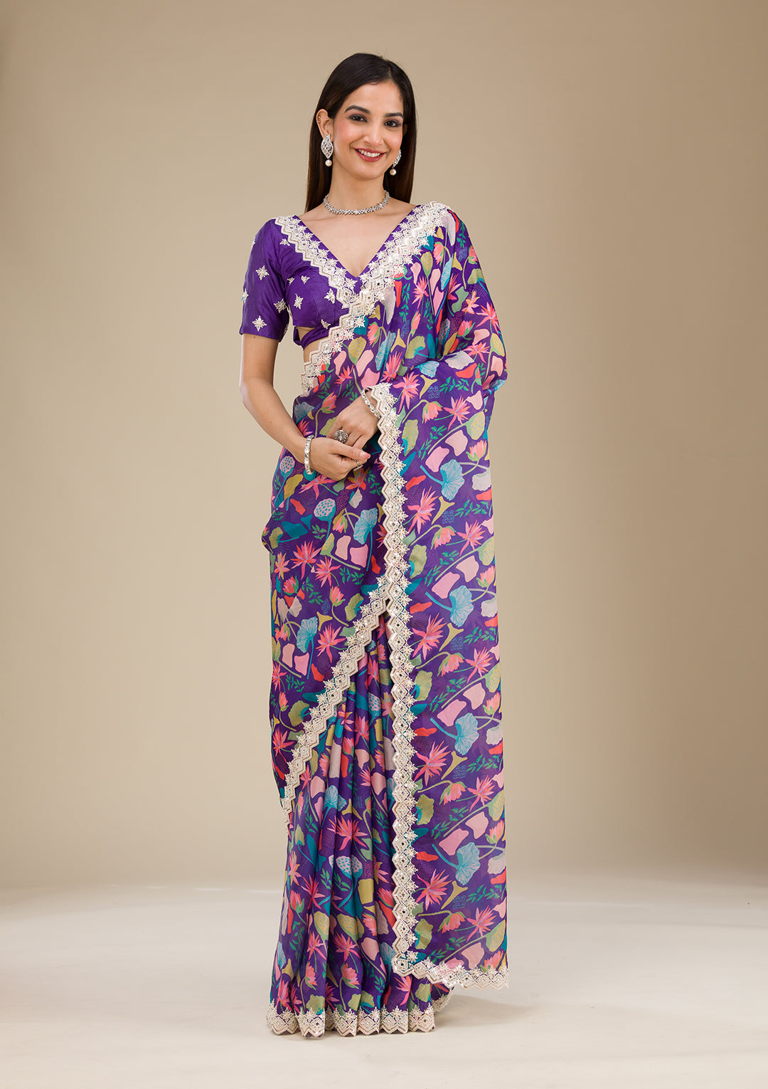 Purple Threadwork Georgette Saree