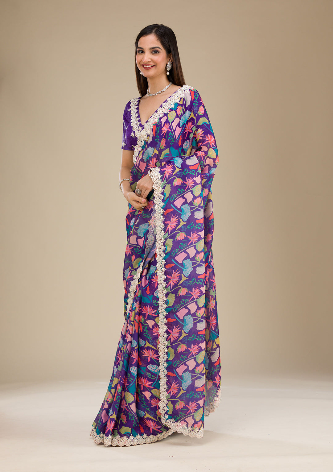 Purple Threadwork Georgette Saree
