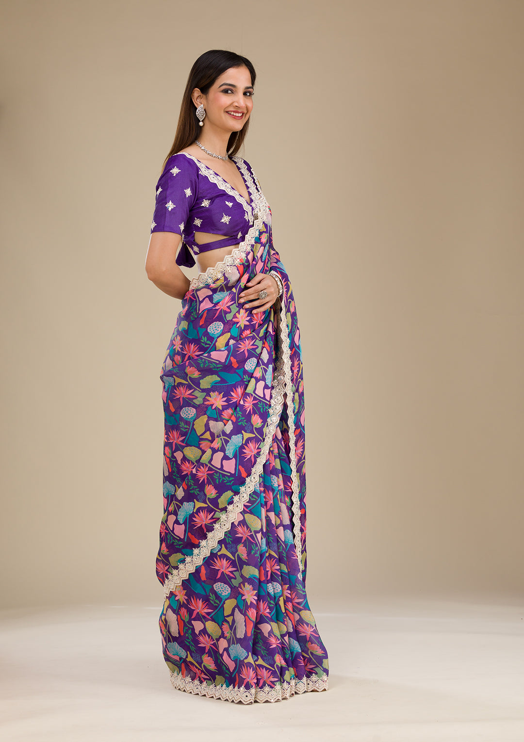 Purple Threadwork Georgette Saree