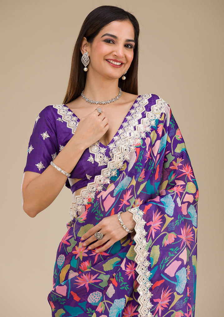 Purple Threadwork Georgette Saree