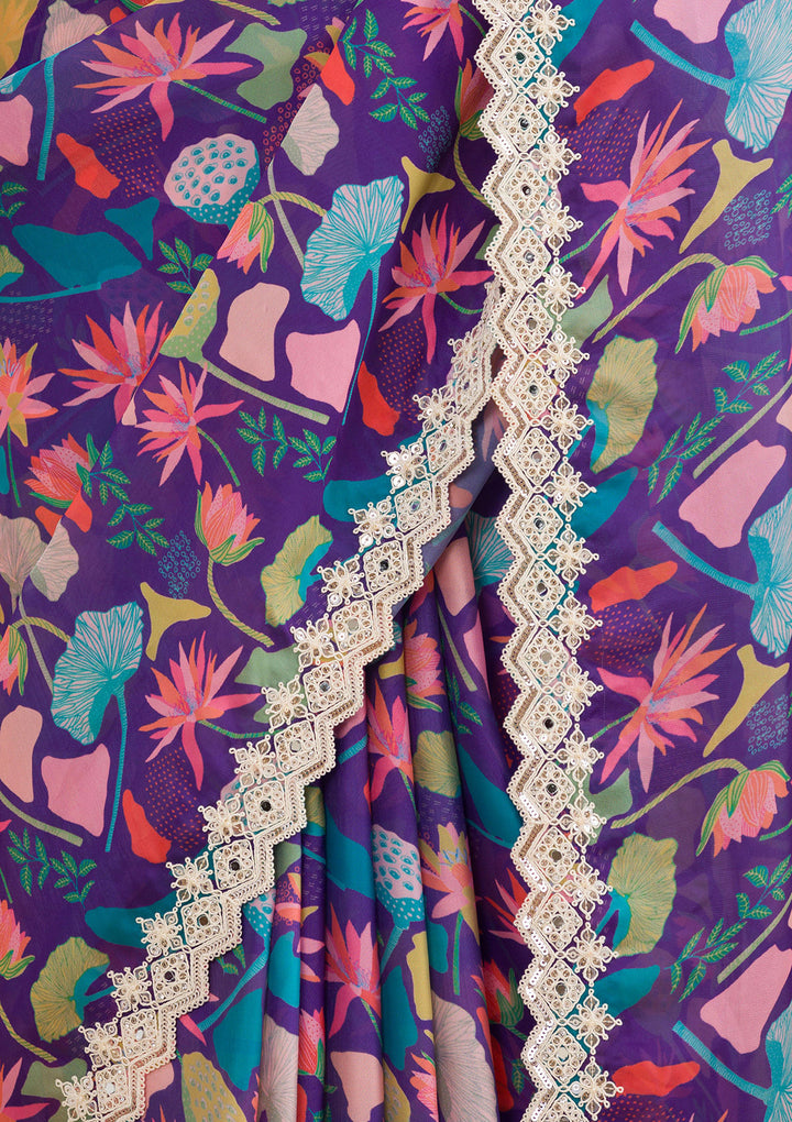 Purple Threadwork Georgette Saree