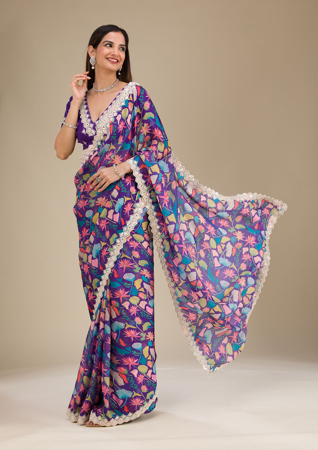 Purple Threadwork Georgette Saree