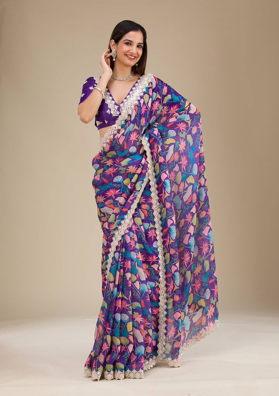 Purple Threadwork Georgette Saree