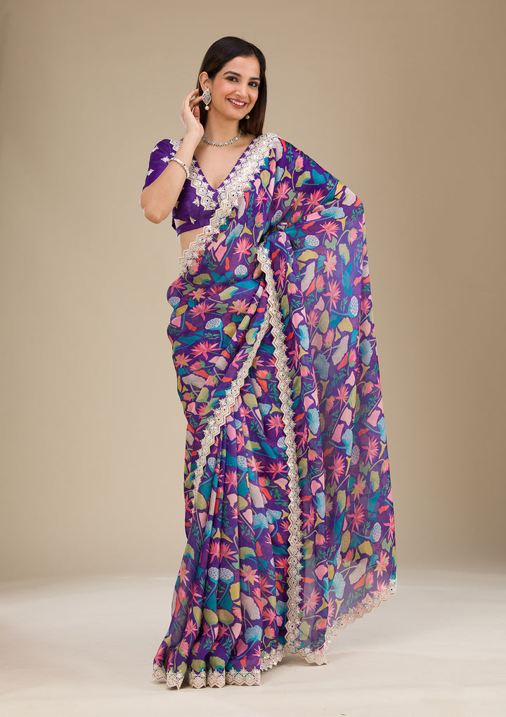 Purple Threadwork Georgette Saree