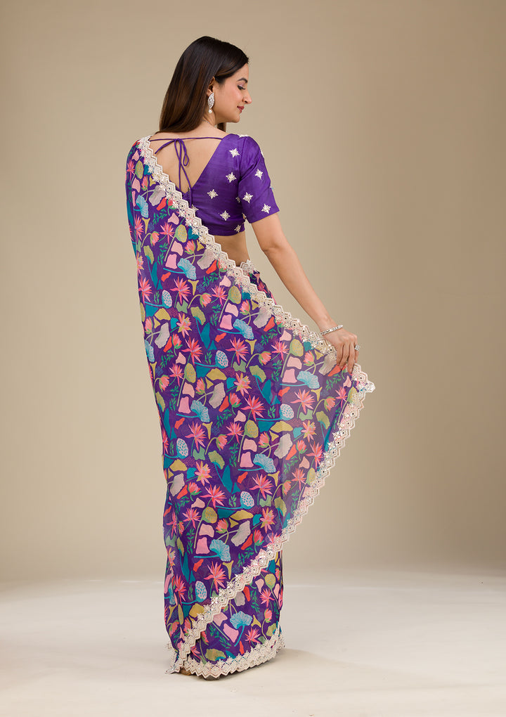 Purple Threadwork Georgette Saree