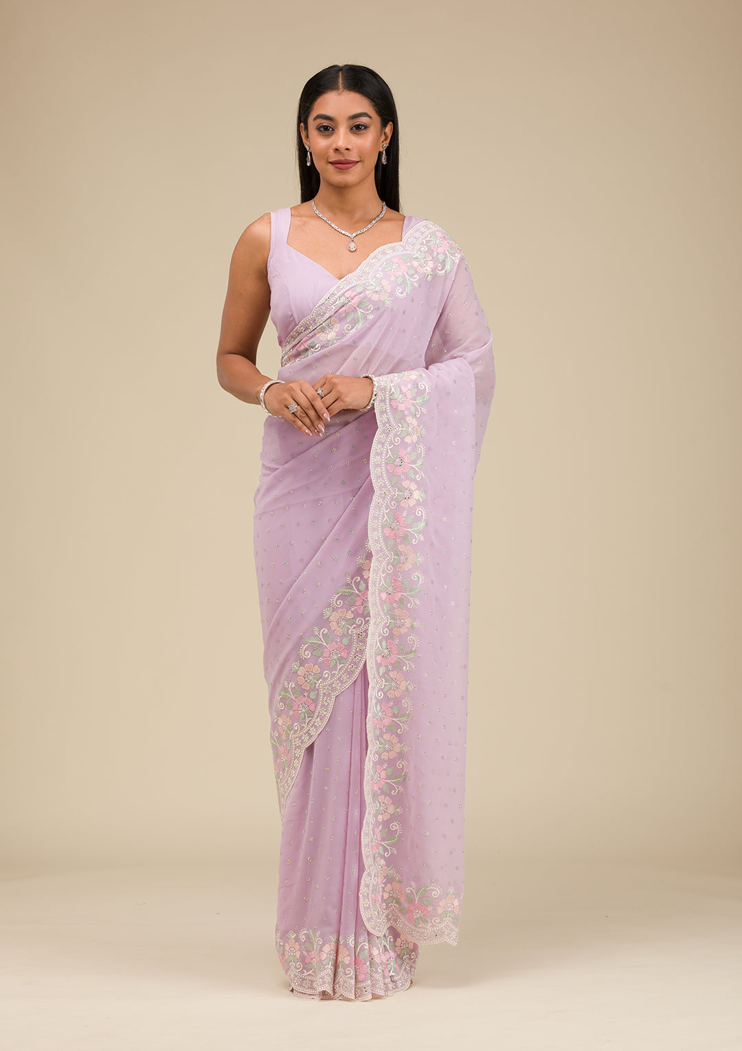 Lavender Threadwork Georgette Saree