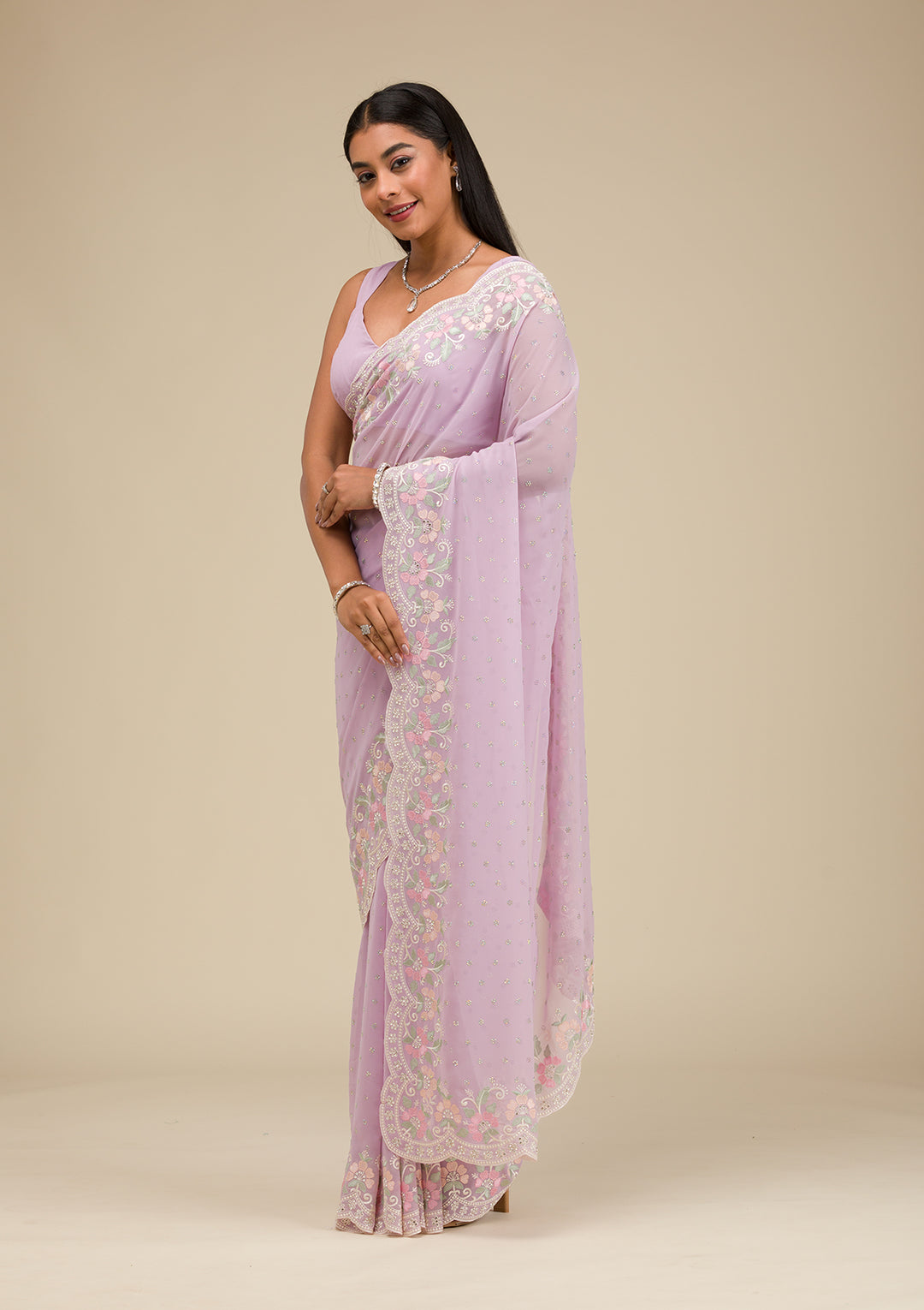 Lavender Threadwork Georgette Saree