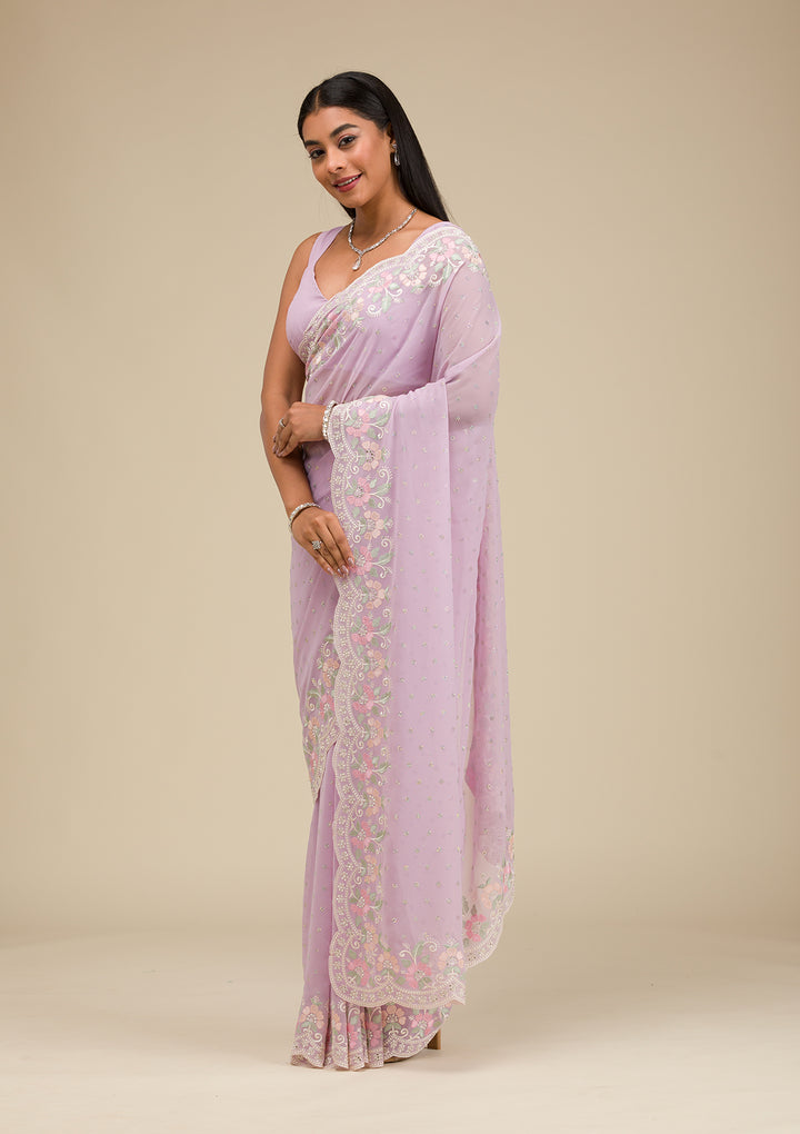 Lavender Threadwork Georgette Saree