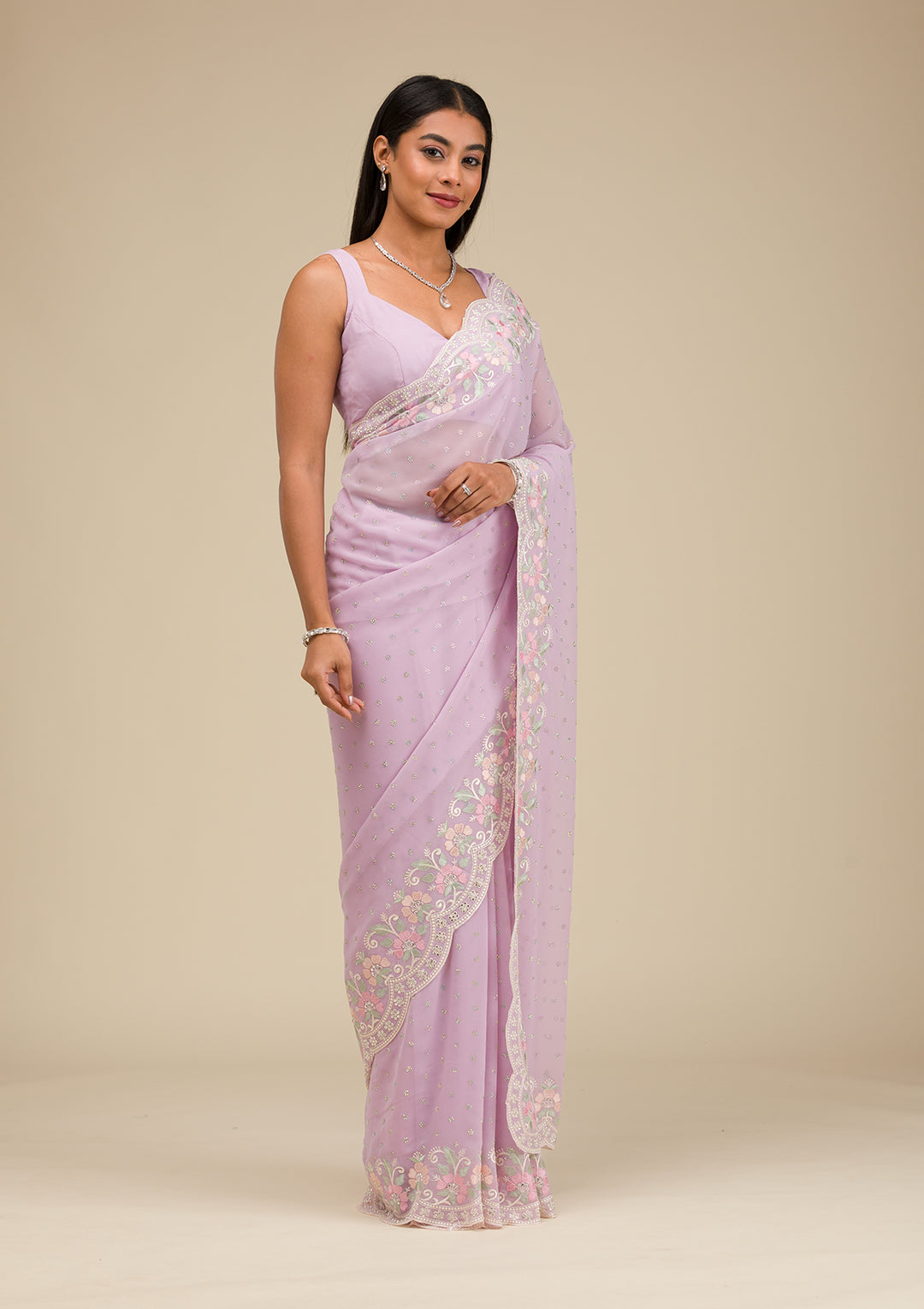 Lavender Threadwork Georgette Saree