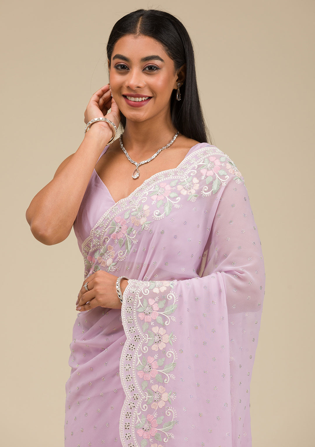 Lavender Threadwork Georgette Saree