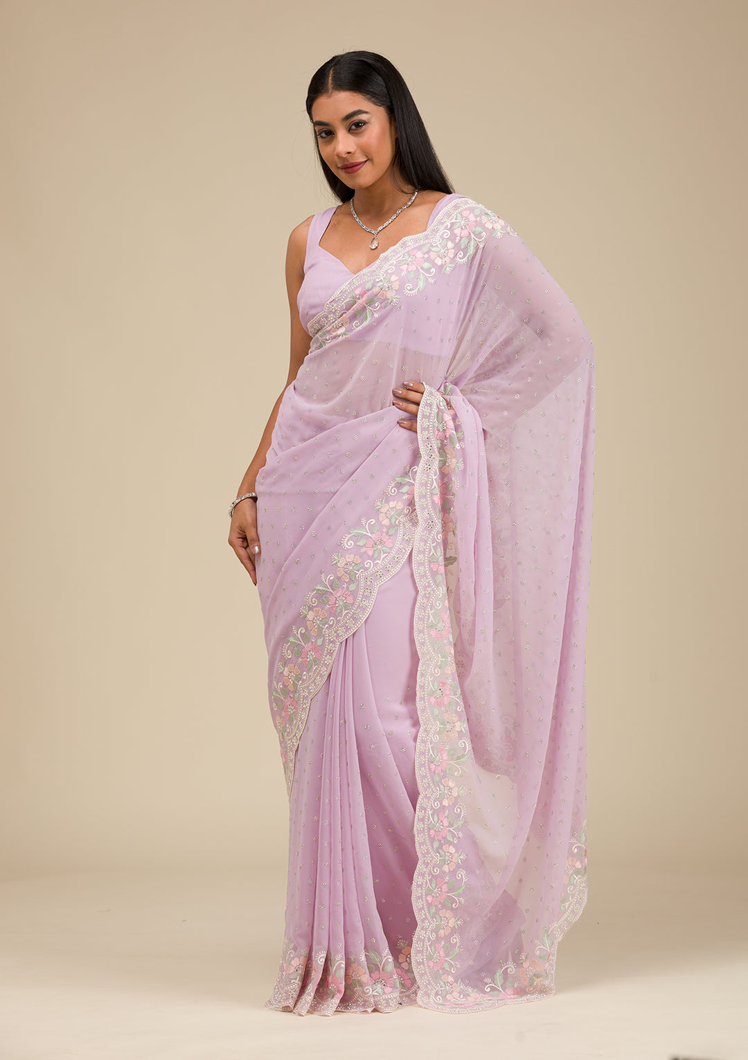 Lavender Threadwork Georgette Saree