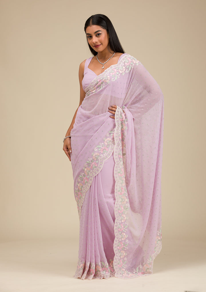Lavender Threadwork Georgette Saree