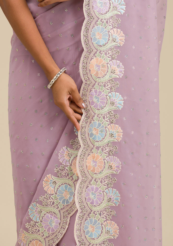 Lavender Threadwork Georgette Saree