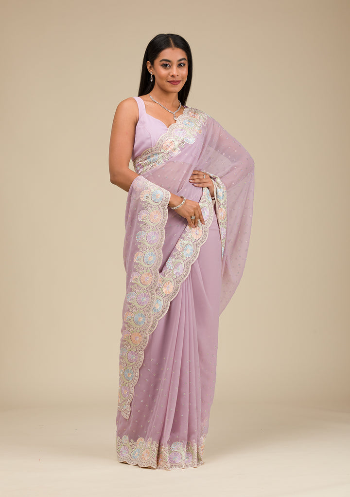 Lavender Threadwork Georgette Saree