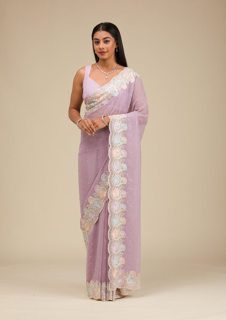 Lavender Threadwork Georgette Saree