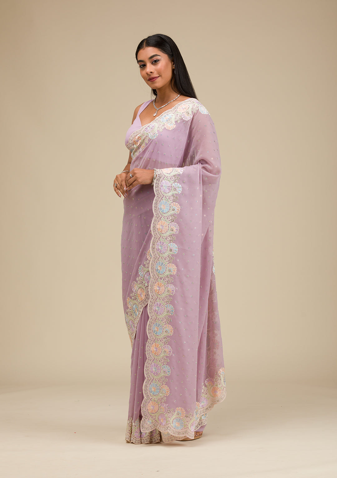 Lavender Threadwork Georgette Saree