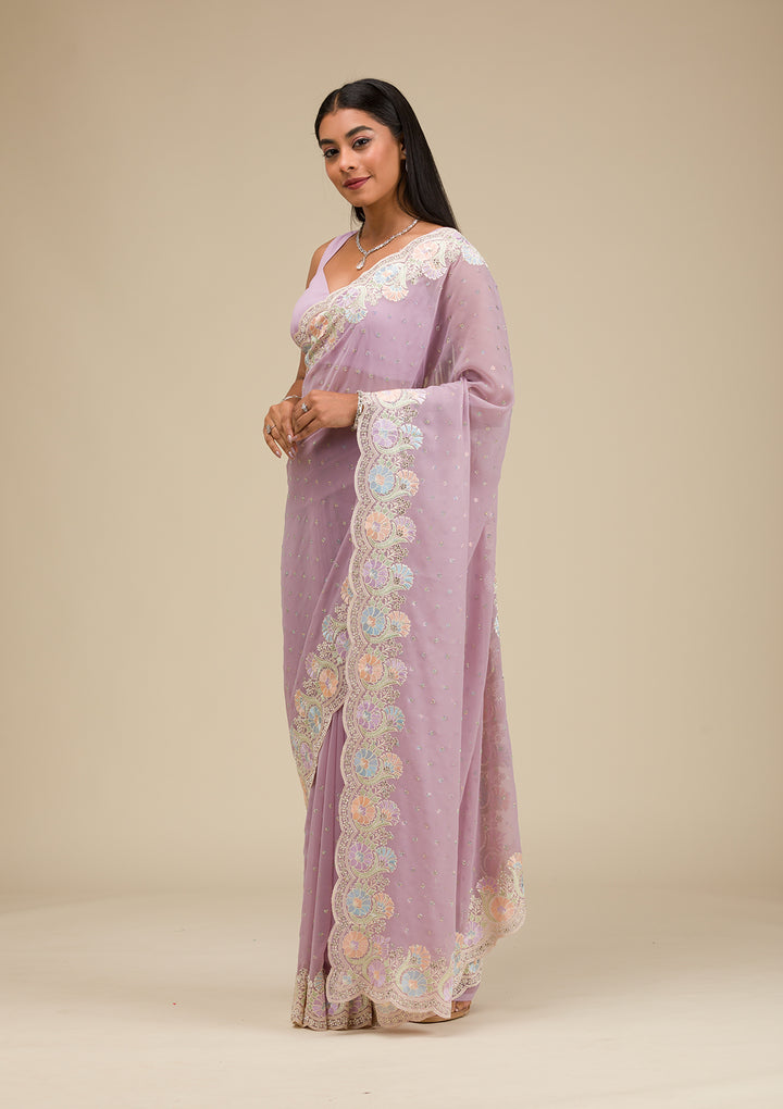 Lavender Threadwork Georgette Saree