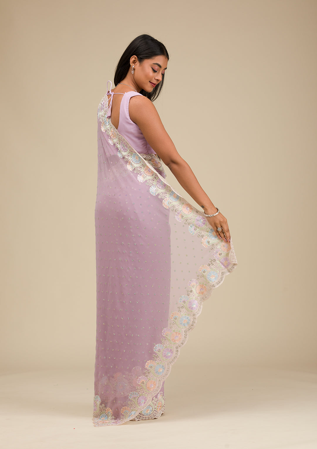 Lavender Threadwork Georgette Saree