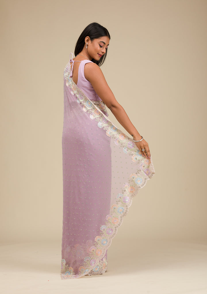 Lavender Threadwork Georgette Saree