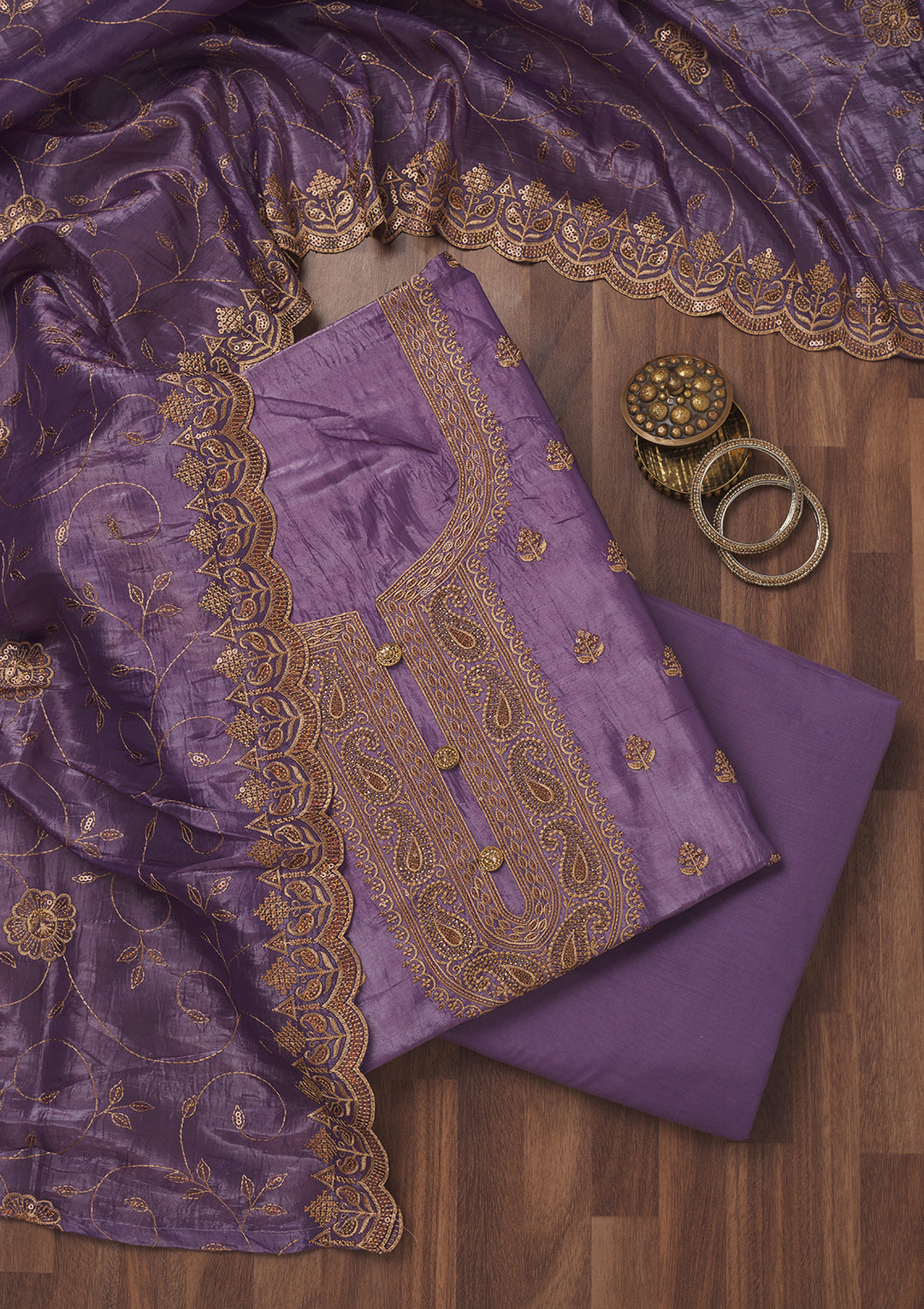 Purple Threadwork Raw Silk Unstitched Salwar Suit