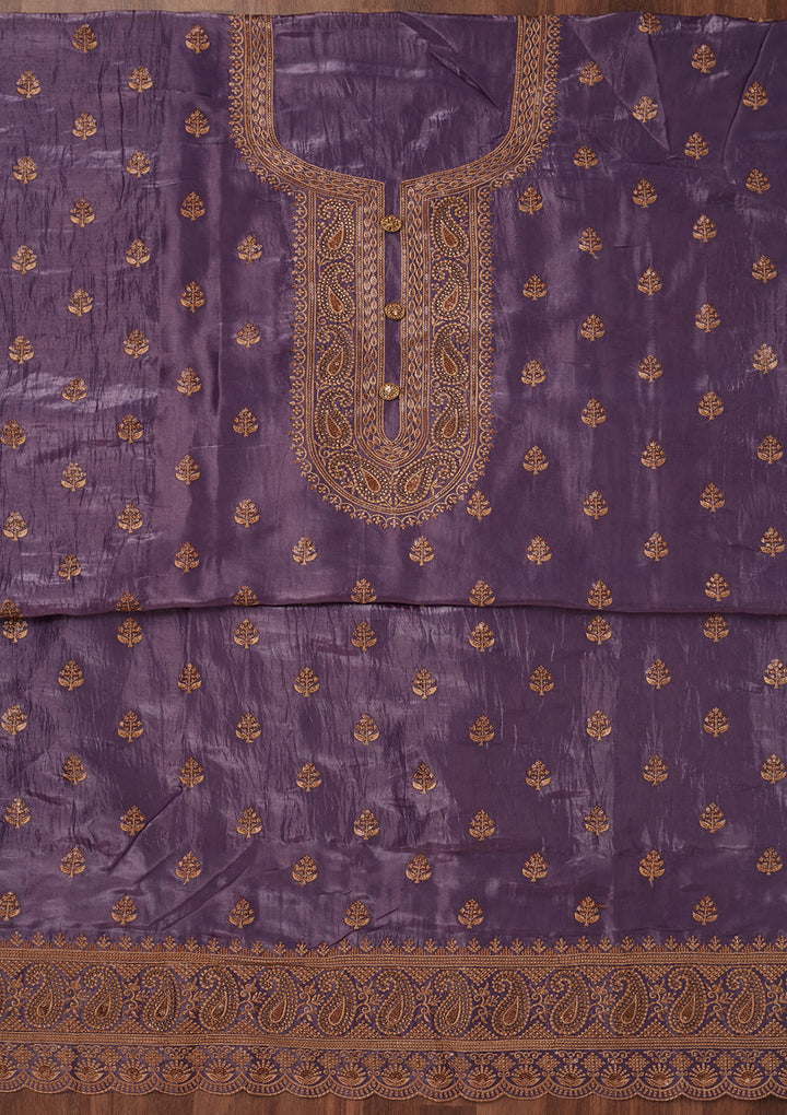 Purple Threadwork Raw Silk Unstitched Salwar Suit