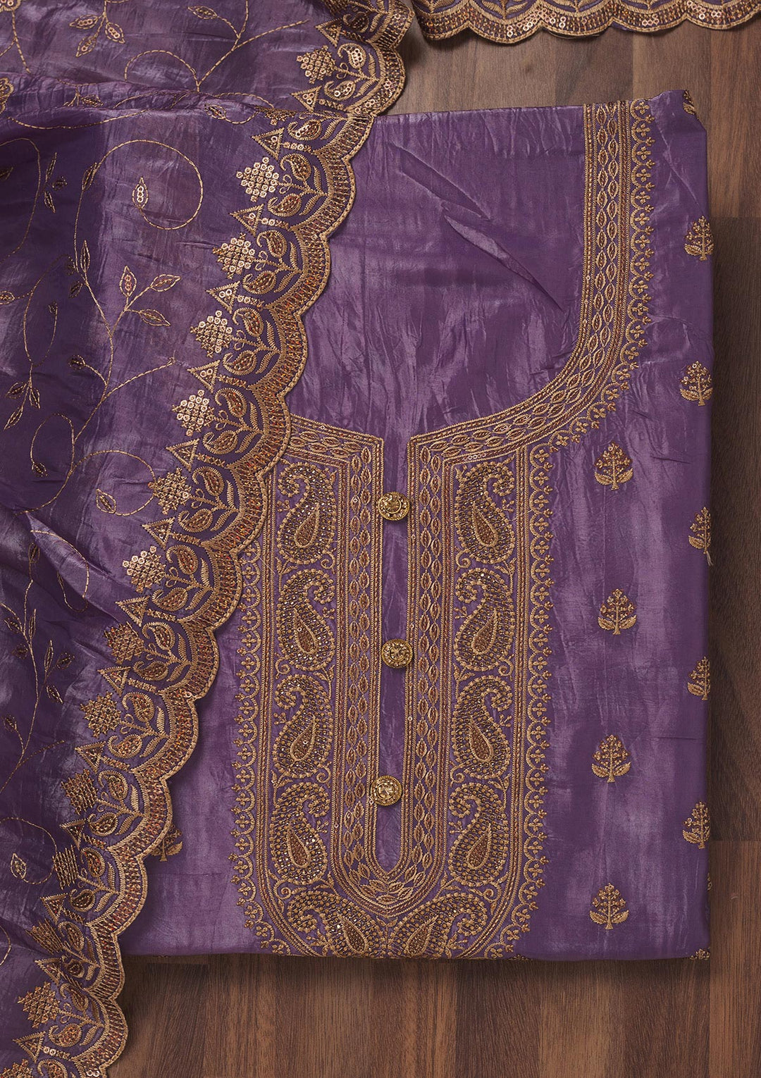 Purple Threadwork Raw Silk Unstitched Salwar Suit