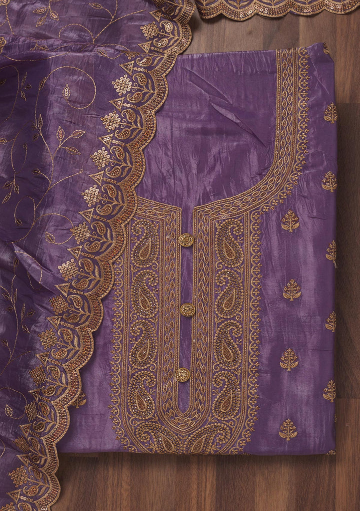 Purple Threadwork Raw Silk Unstitched Salwar Suit
