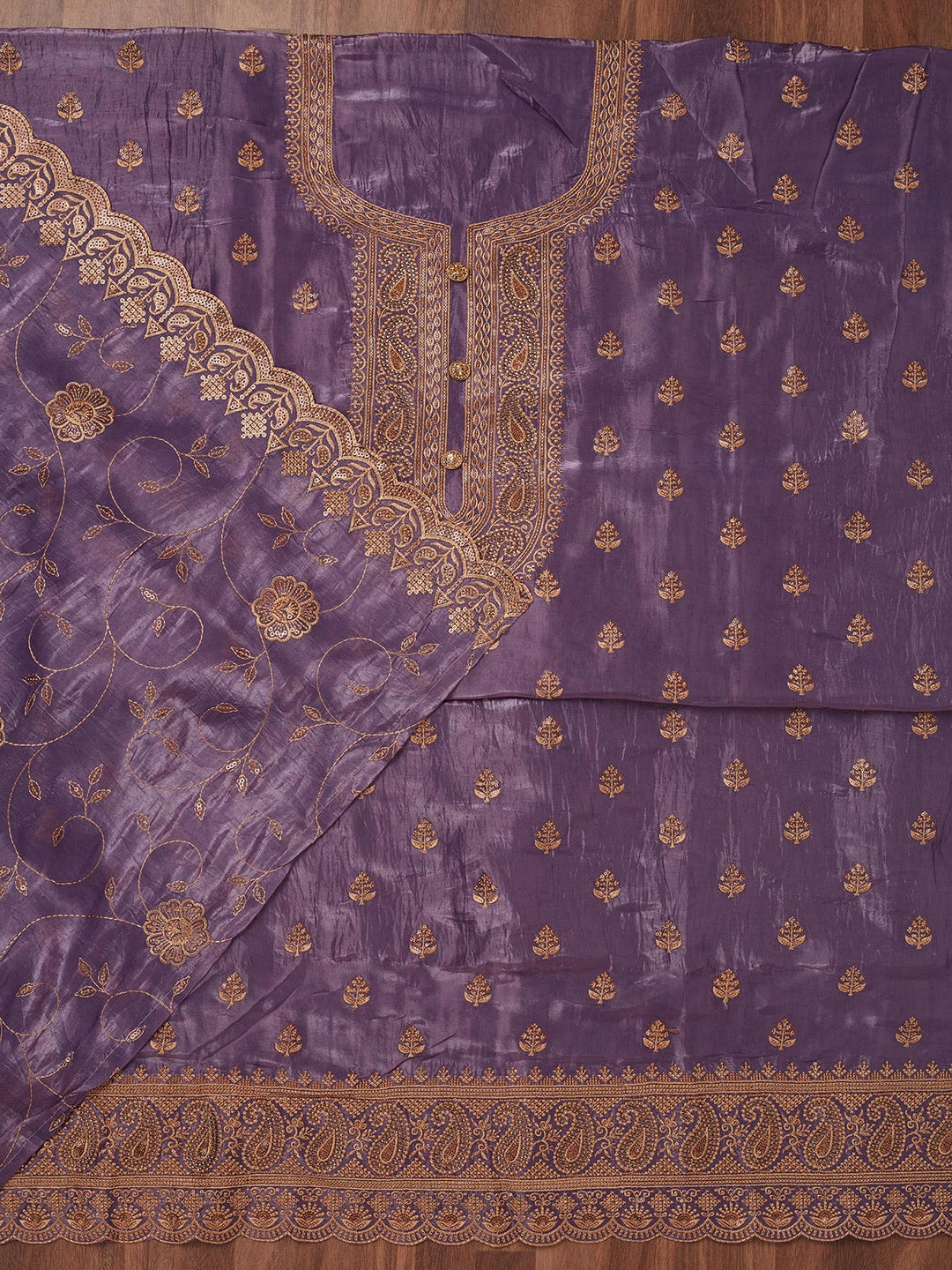 Purple Threadwork Raw Silk Unstitched Salwar Suit