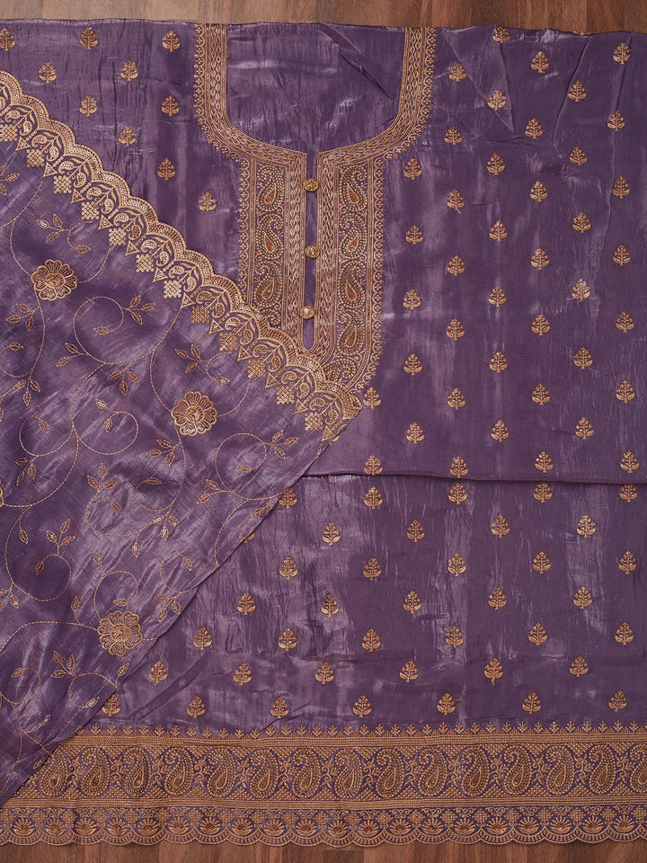 Purple Threadwork Raw Silk Unstitched Salwar Suit