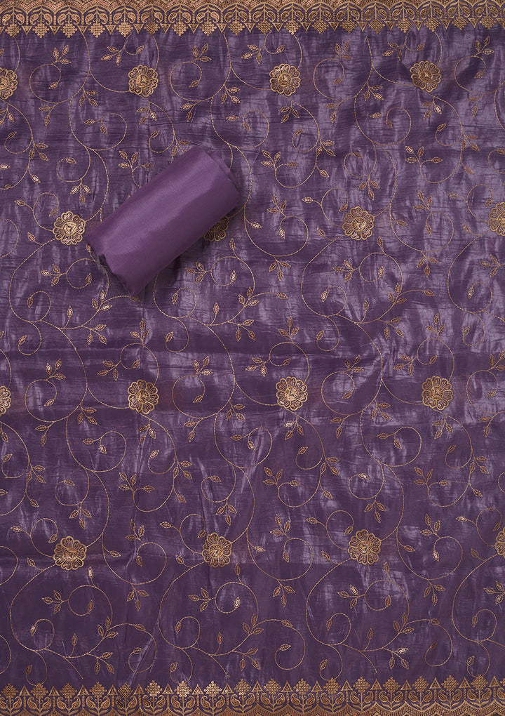 Purple Threadwork Raw Silk Unstitched Salwar Suit