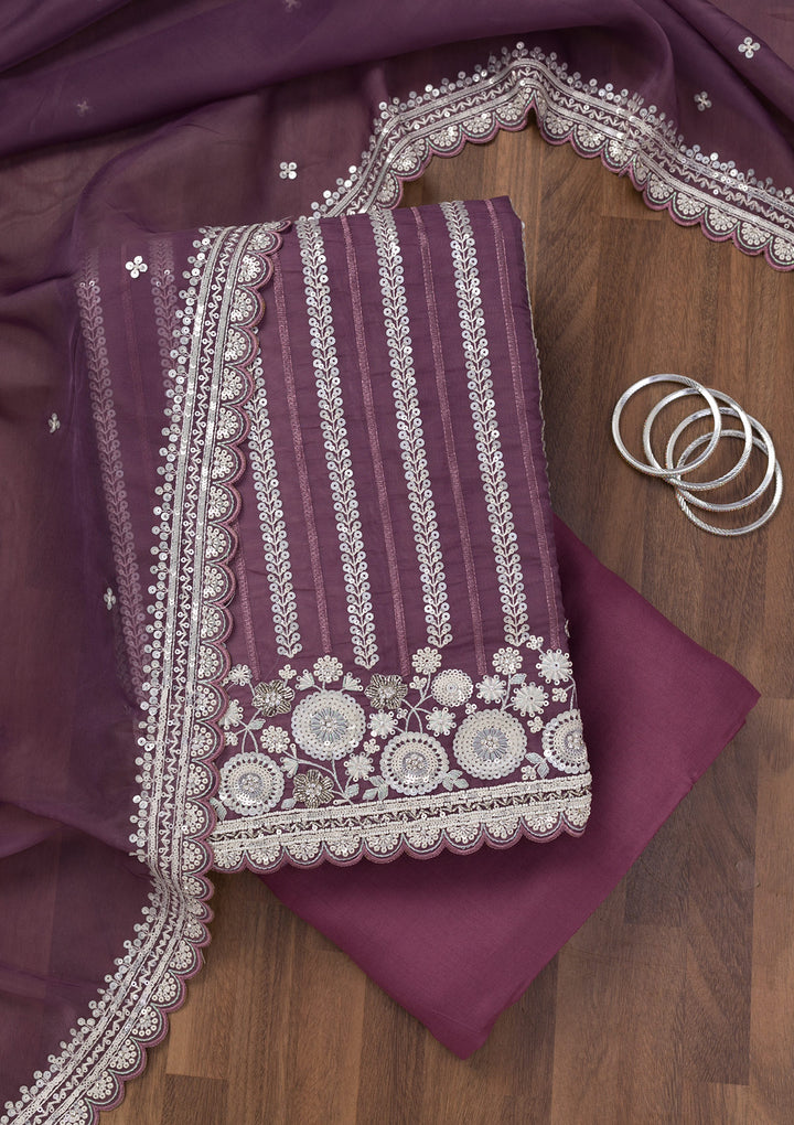 Purple Threadwork Tissue Unstitched Salwar Suit