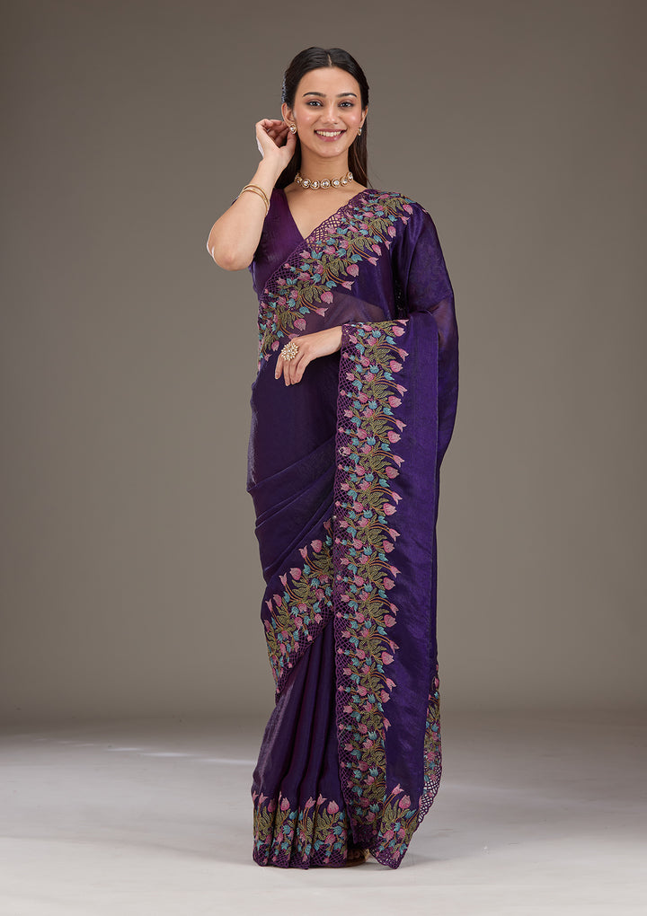 Purple Threadwork Tissue Saree