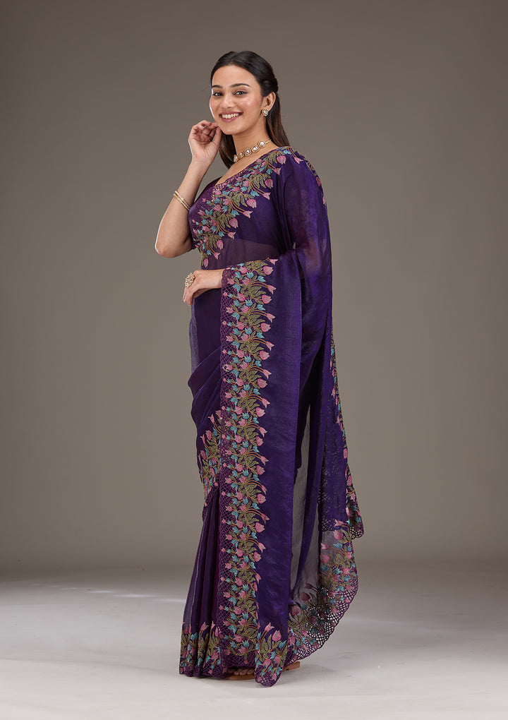 Purple Threadwork Tissue Saree