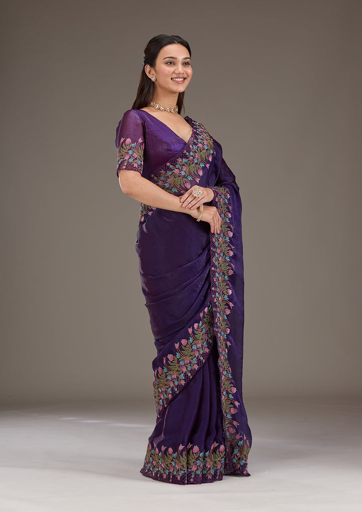 Purple Threadwork Tissue Saree