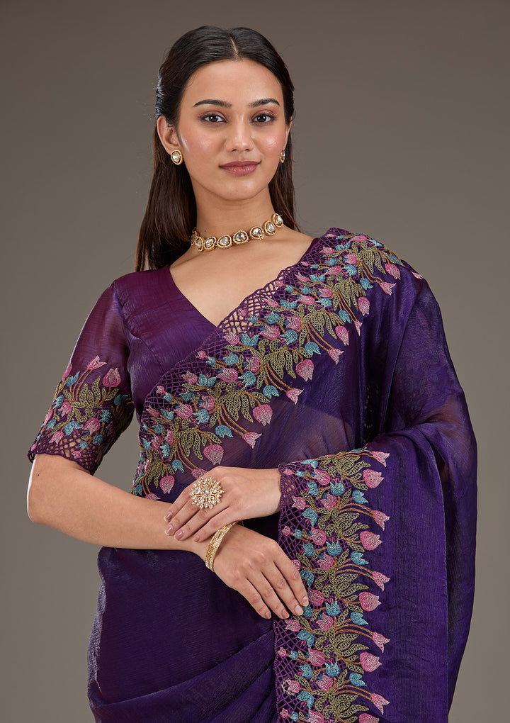 Purple Threadwork Tissue Saree