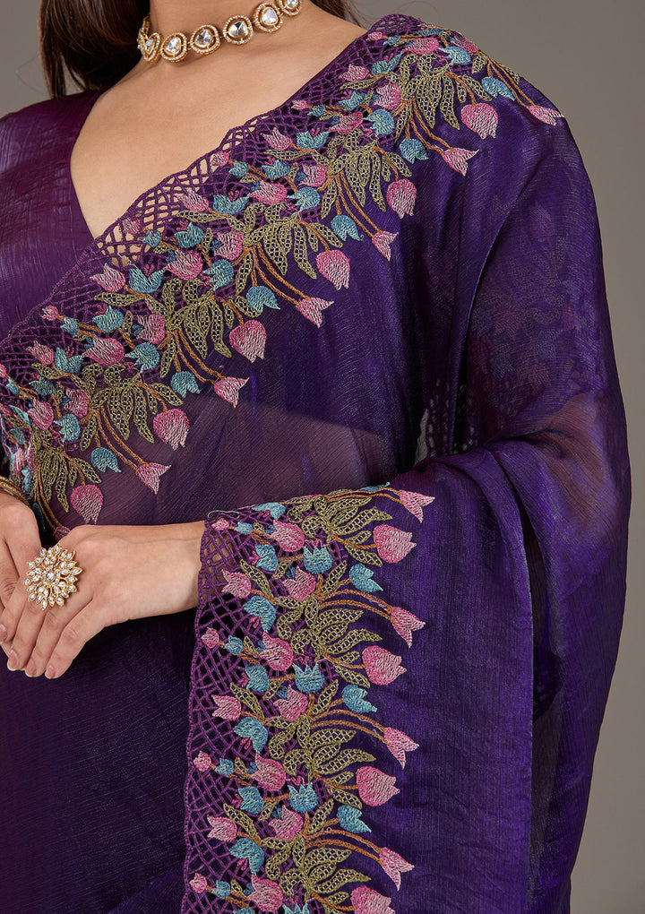 Purple Threadwork Tissue Saree