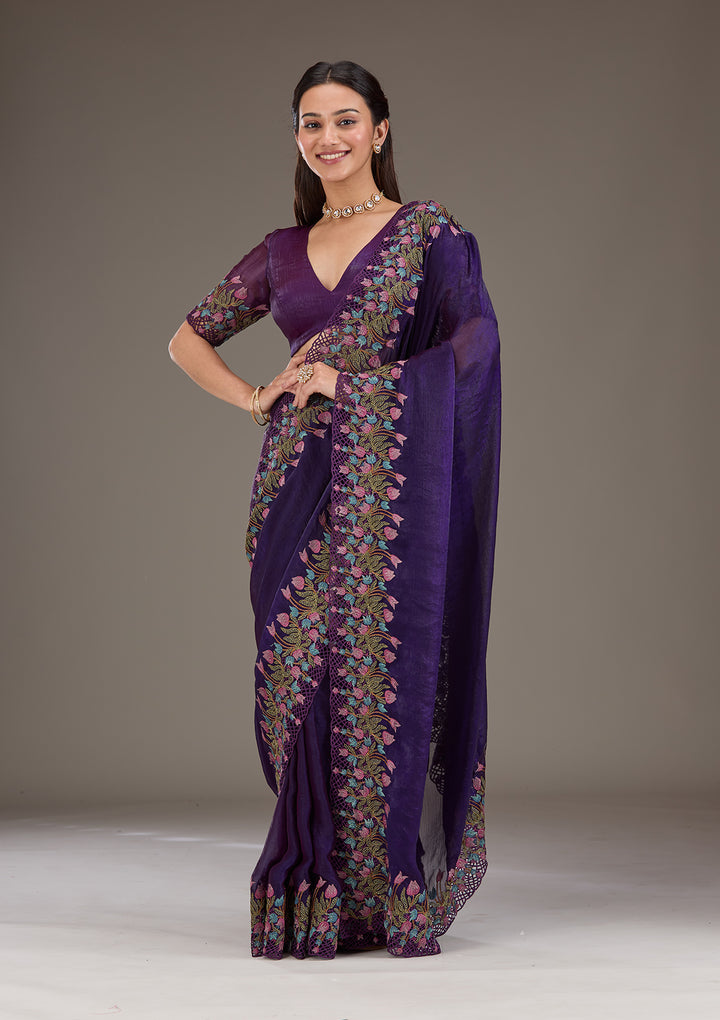 Purple Threadwork Tissue Saree