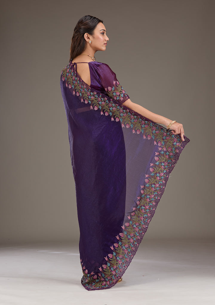 Purple Threadwork Tissue Saree