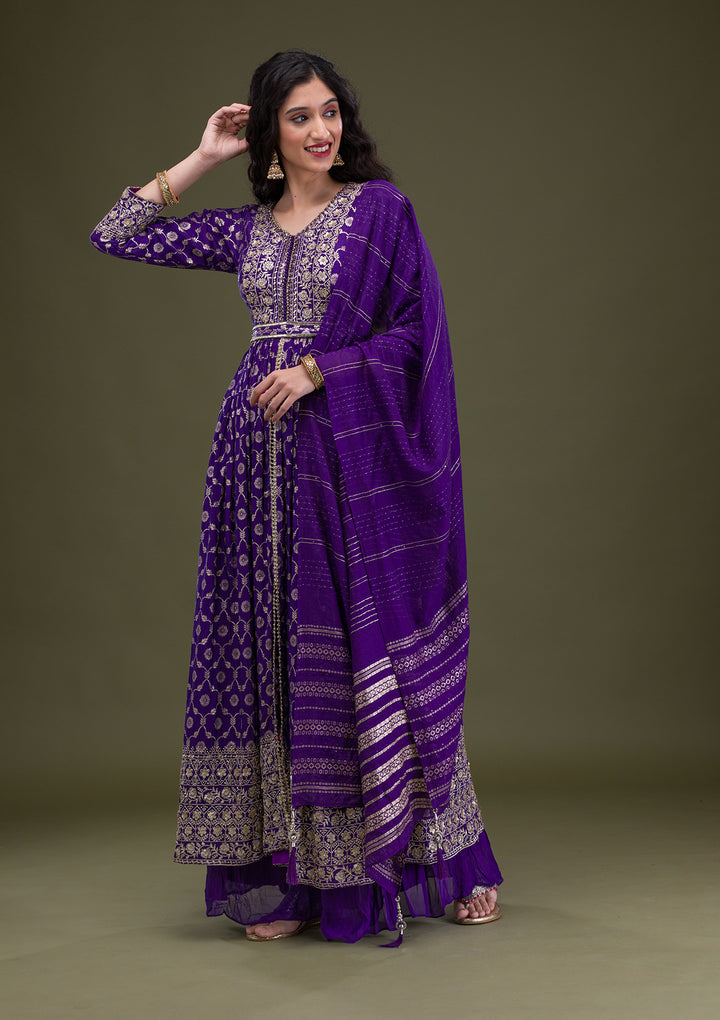 Purple Zariwork Art Silk Readymade Salwar Suit