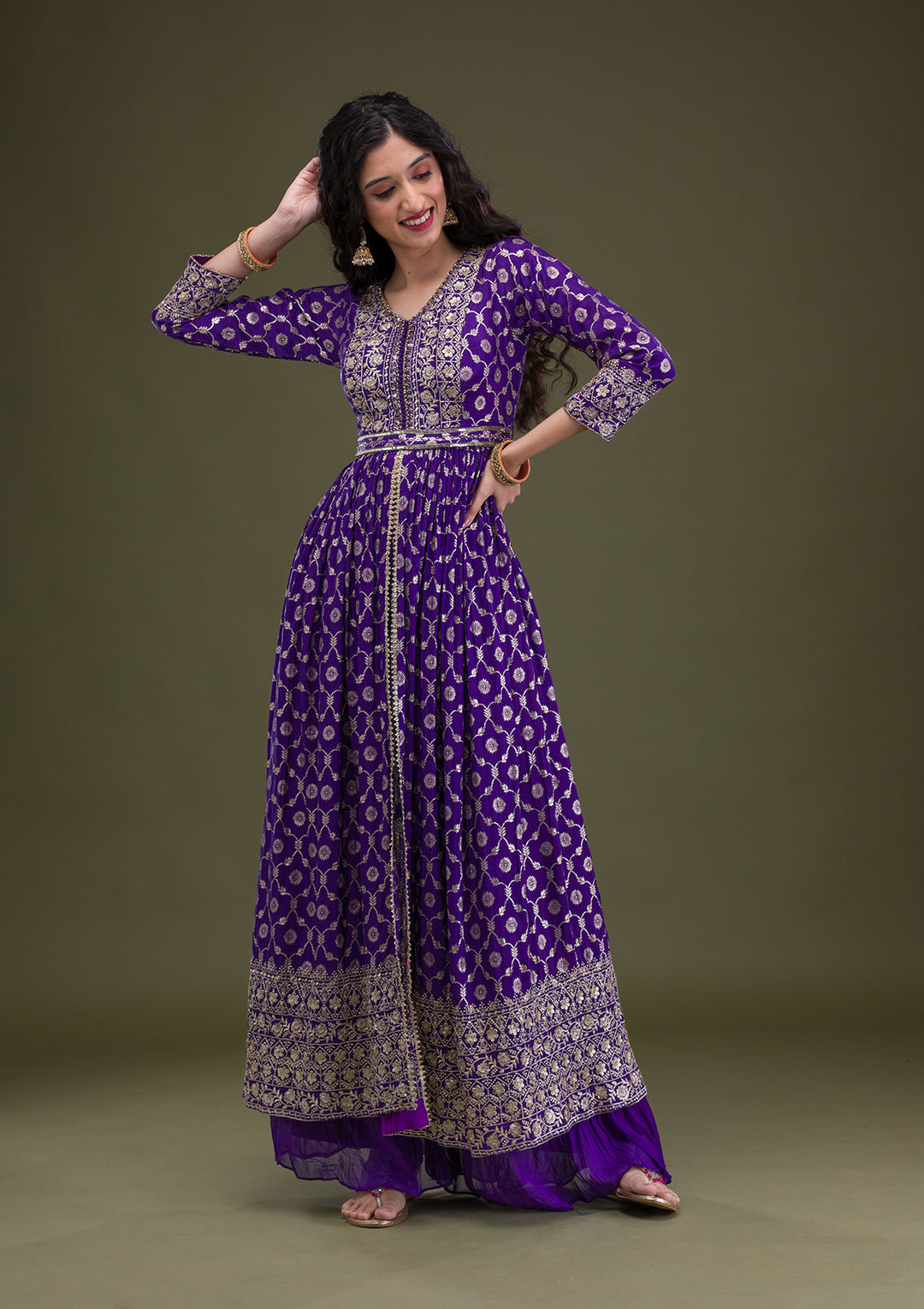 Purple Zariwork Art Silk Readymade Salwar Suit
