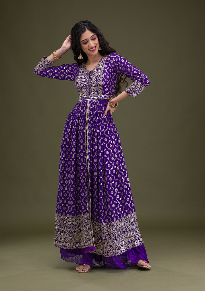 Purple Zariwork Art Silk Readymade Salwar Suit