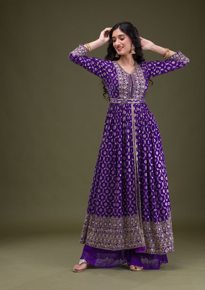 Purple Zariwork Art Silk Readymade Salwar Suit