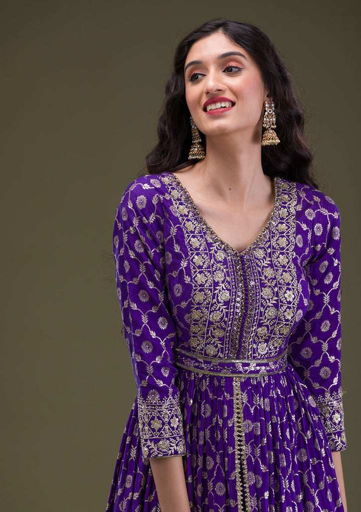 Purple Zariwork Art Silk Readymade Salwar Suit