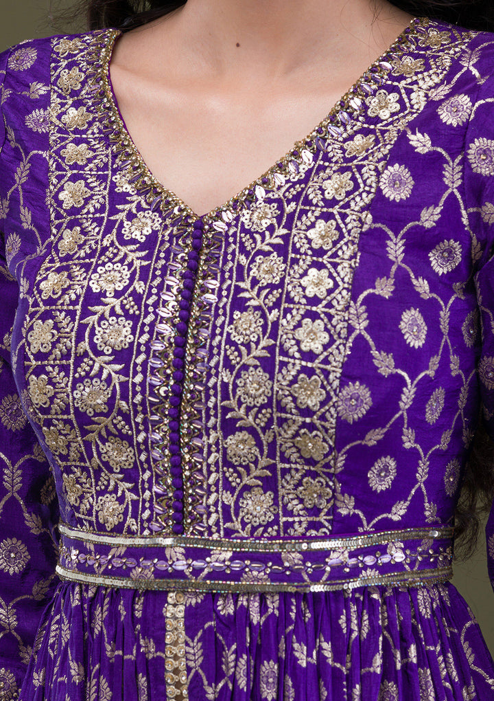 Purple Zariwork Art Silk Readymade Salwar Suit