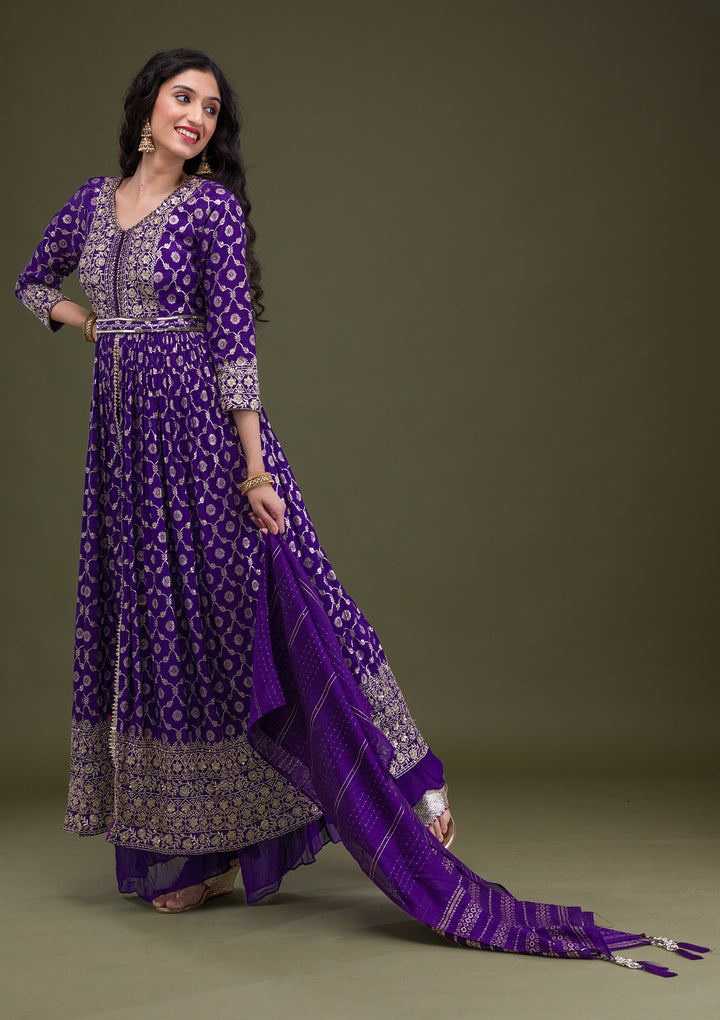 Purple Zariwork Art Silk Readymade Salwar Suit