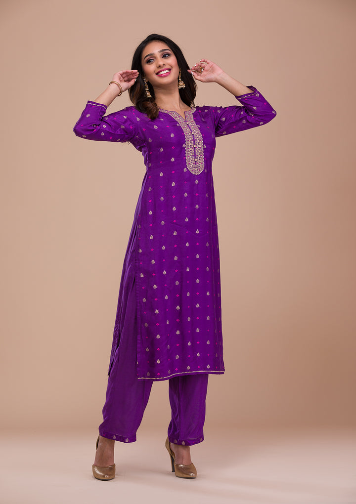 Purple Zariwork Art Silk Readymade Salwar Suit